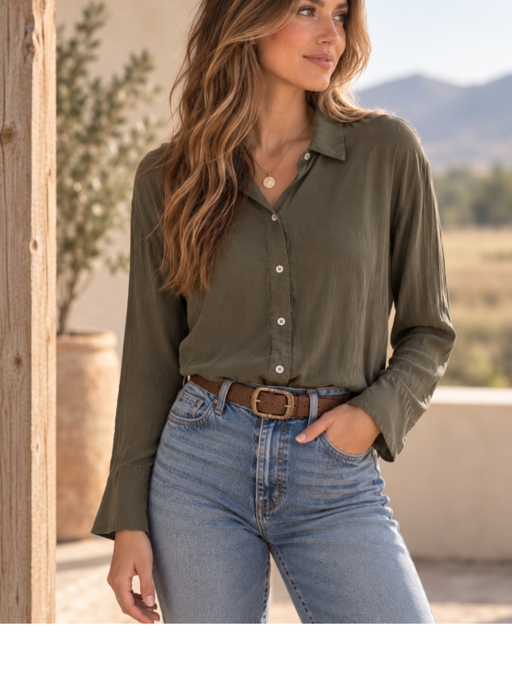 Free People Olive Green Satin Button Down Blouse Bell Sleeve Medium